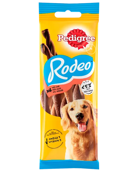 Gul Pedigree Rodeo hundesnack-pose med blå detaljer, viser snoede tyggepinde og en golden retriever, mærket med omega 3 og vitamin E.