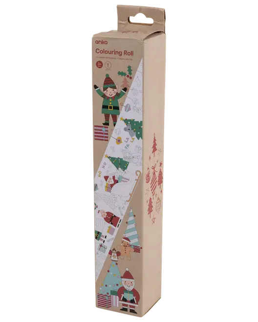 Hög kartongförpackning med julmotiv på målarulle för barn, med festliga illustrationer av tomte, nisse och gran.