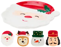 Set med fem keramiktallrikar formade som jultomte, ren, snögubbe och nötknäppare, alla med färgglada, festliga detaljer. Perfekta för servering eller dekoration.