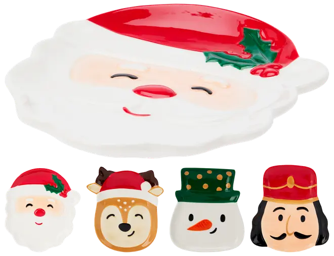 Set med fem keramiktallrikar formade som jultomte, ren, snögubbe och nötknäppare, alla med färgglada, festliga detaljer. Perfekta för servering eller dekoration.