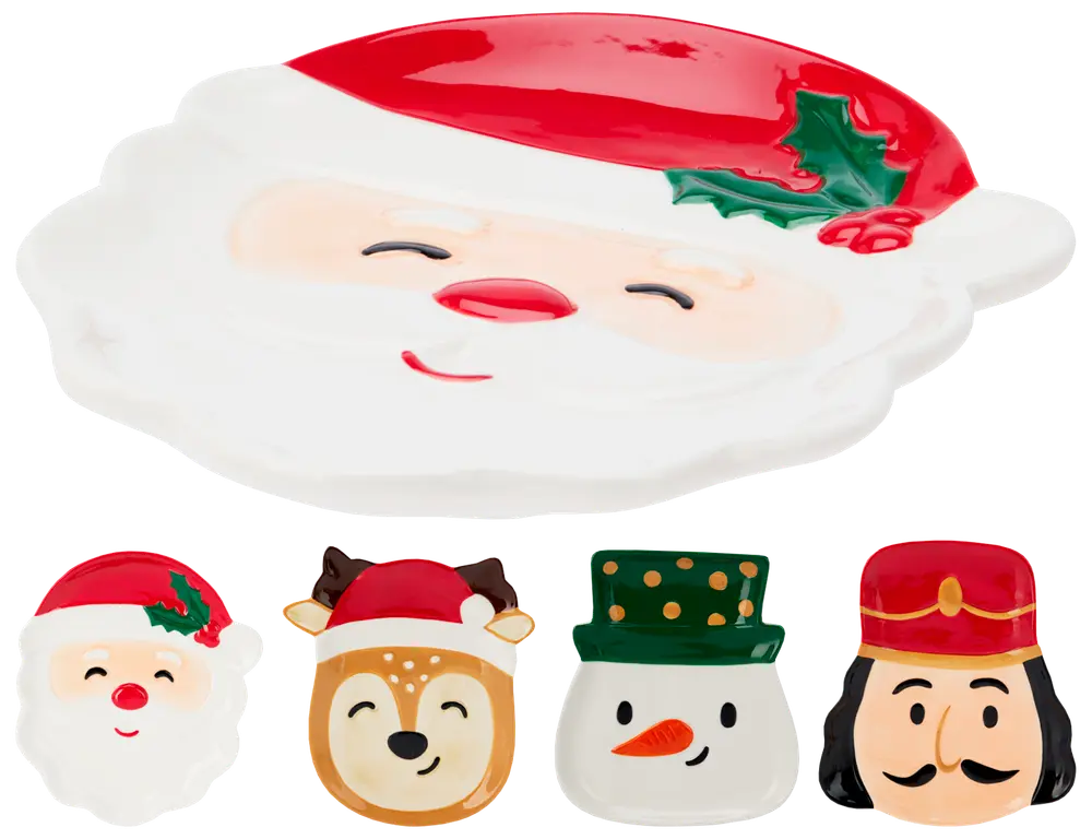 Set med fem keramiktallrikar formade som jultomte, ren, snögubbe och nötknäppare, alla med färgglada, festliga detaljer. Perfekta för servering eller dekoration.