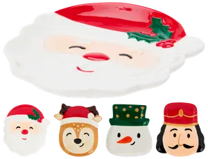 Set med fem keramiktallrikar formade som jultomte, ren, snögubbe och nötknäppare, alla med färgglada, festliga detaljer. Perfekta för servering eller dekoration.