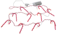 String of decorative lights featuring red and white striped candy cane shapes evenly spaced along a twisted white and red cord. Each candy cane has a small light inside, creating a festive glow. The string is battery operated, with a clear battery pack visible at one end.