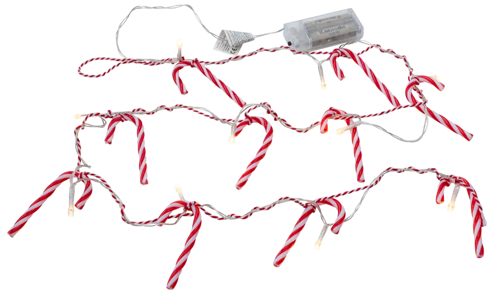 String of decorative lights featuring red and white striped candy cane shapes evenly spaced along a twisted white and red cord. Each candy cane has a small light inside, creating a festive glow. The string is battery operated, with a clear battery pack visible at one end.