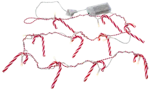 String of decorative lights featuring red and white striped candy cane shapes evenly spaced along a twisted white and red cord. Each candy cane has a small light inside, creating a festive glow. The string is battery operated, with a clear battery pack visible at one end.