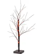 Kunstigt træ med bare grene, sort stamme og orange LED-lys. Monteret på sort firkantet fod, ideel til dekoration, især til Halloween eller efterårstemaer.