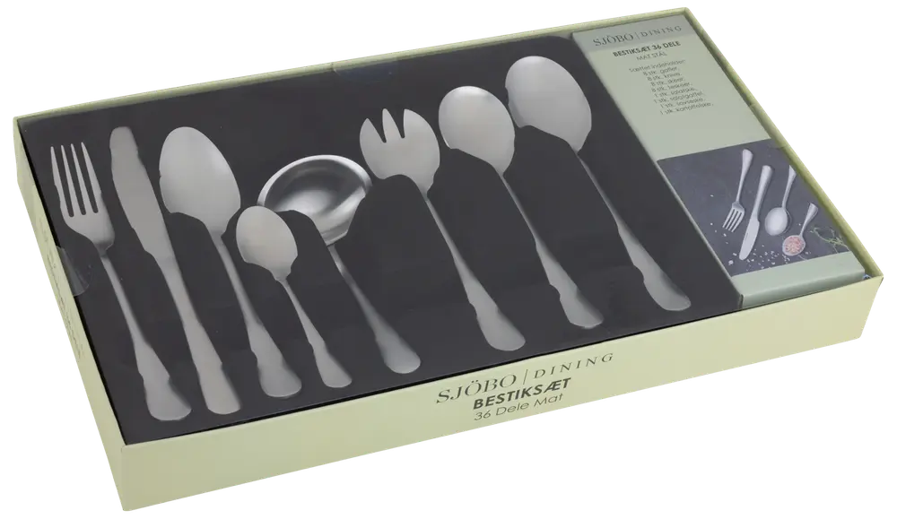 36-delt bestiksæt i rustfrit stål i æske, indeholder gafler, knive, skeer, teskeer, serveringsredskaber og sauceske. Elegant design til hverdag og fest.