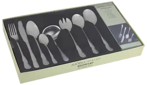 36-delt bestiksæt i rustfrit stål i æske, indeholder gafler, knive, skeer, teskeer, serveringsredskaber og sauceske. Elegant design til hverdag og fest.