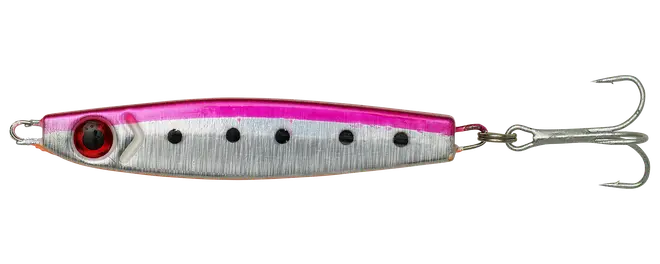 Silver- och rosa fiskedrag med svarta prickar, rött öga och fast trebleskrok.