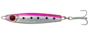 Sølv- og pink fiskelokke med sorte prikker, rødt øje og fastgjort trekrog.