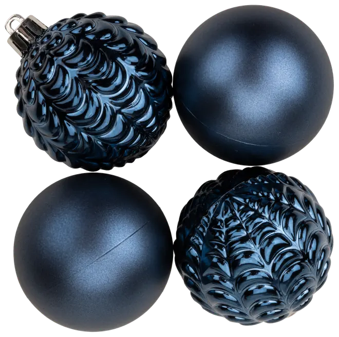 Sæt med fire mørkeblå julekugler, to med mat overflade og to med blank, tekstureret bladmønster. Kugleformede, perfekte til juletræspynt.
