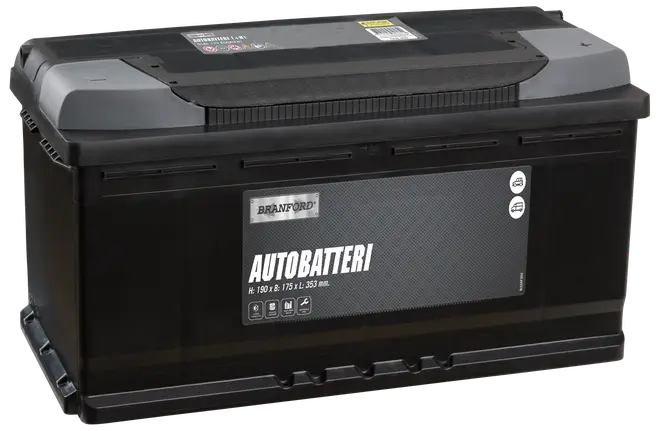 Rektangulær sort bilbatteri med mærkede poler, bærehåndtag og stor etiket med teksten 'Autobatteri.' Mål: H 190 mm, B 175 mm, L 353 mm.