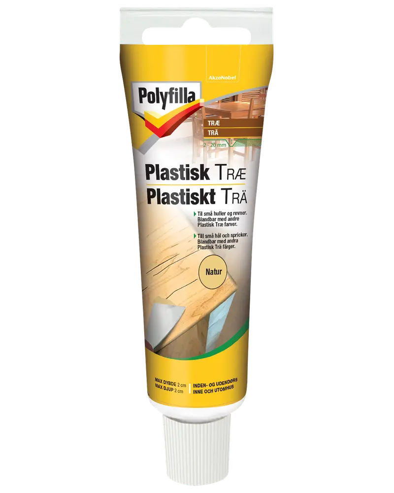 Polyfilla Plastisk Træ fyldemasse, naturfarve, til udfyldning af små huller og revner i træ. Til indendørs og udendørs brug. Maksimal dybde 2 cm.