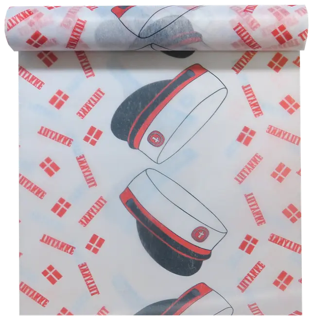 Dekorativt gavepapir med danske studenterhuer, røde dannebrogsflag og teksten 'Student'. Perfekt til studentergaver, festligt og fejende design.