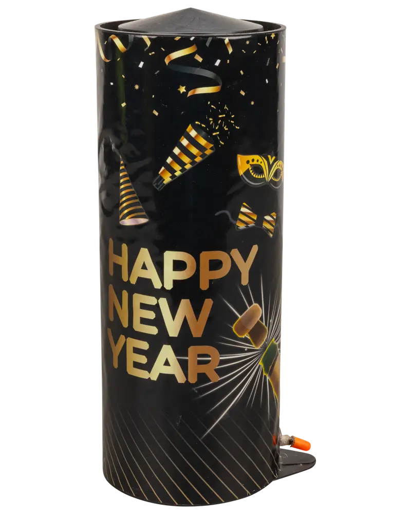Cylindrisk fyrværkeri med sort og guld "Happy New Year" design, dekoreret med festhatte, konfetti og festlige motiver. Velegnet til nytårsfester.