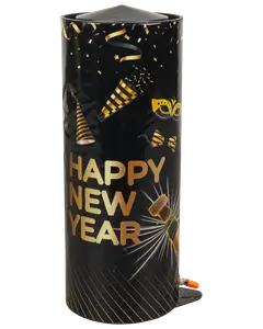 Cylindrisk fyrværkeri med sort og guld "Happy New Year" design, dekoreret med festhatte, konfetti og festlige motiver. Velegnet til nytårsfester.