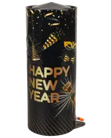Cylindrisk fyrværkeri med sort og guld "Happy New Year" design, dekoreret med festhatte, konfetti og festlige motiver. Velegnet til nytårsfester.