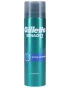 Turkis Gillette Mach3 Extra Comfort barbergel på aerosol dåse med gråt låg og blå etiket.