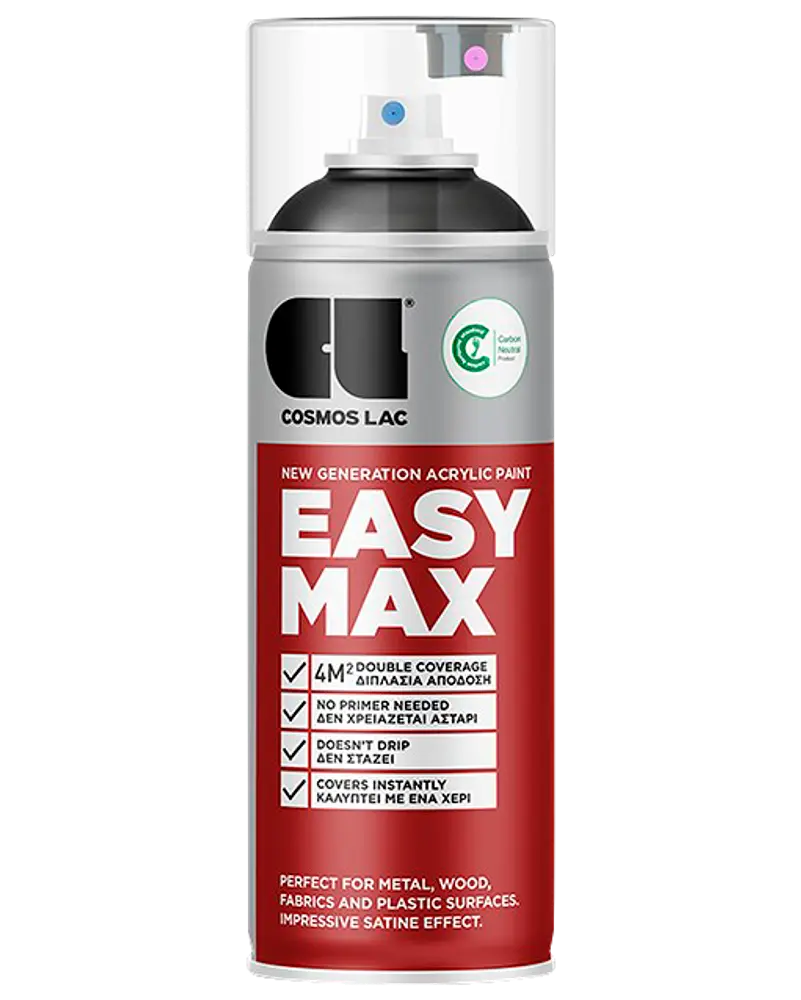 Cosmos Lac Easy Max akrylspraymaling, 400 ml dåse, egnet til metal, træ, stof og plast. Dobbelt dækkeevne, ingen primer nødvendig, drypfri, satin finish.