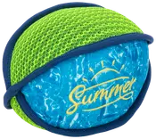 Rund vattenleksaksboll med blått och grönt nät, blå tyg med 'Summer' och solmotiv, mjuk yta, passar för lek i pool eller på stranden.
