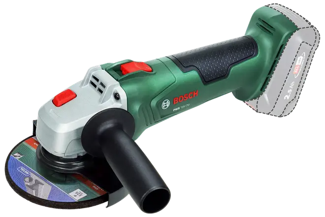 Bosch batteridrevet vinkelsliber med ergonomisk håndtag, sidegreb og sikkerhedsafbryder. Grøn og sort krop, røde detaljer og synligt slibeskive. Batterirum vist, batteri ikke inkluderet.