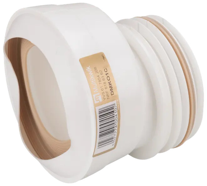 Vit flexibel toalettanslutning i plast med gummitätningar i båda ändar, för anslutning av toalett till avloppsrör. Streckkod och produktetikett på sidan.