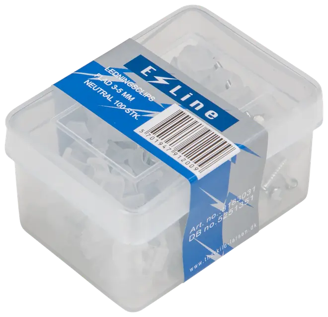 Plastlåda med 100 neutrala LED-monteringsklämmor, 3,5 mm, inklusive skruvar. Passar för montering av LED-lister. Produktetikett och streckkod på locket.