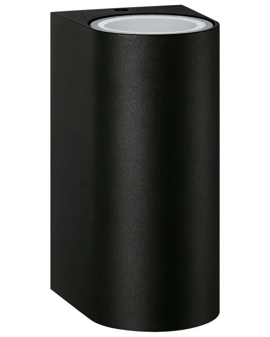 Moderne sort væglampe med cylindrisk form, mat finish og frostet diffuser på toppen. Velegnet til indendørs eller udendørs brug, giver opadgående lys.