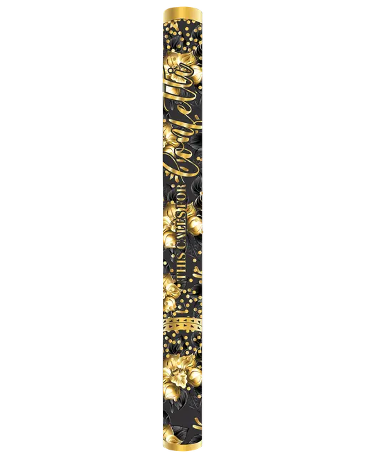 Højt sort og guld dekorationsbanner med blomsterdetaljer, konfettiprikker og kursiv tillykke-tekst.