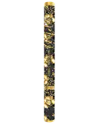 Højt sort og guld dekorationsbanner med blomsterdetaljer, konfettiprikker og kursiv tillykke-tekst.