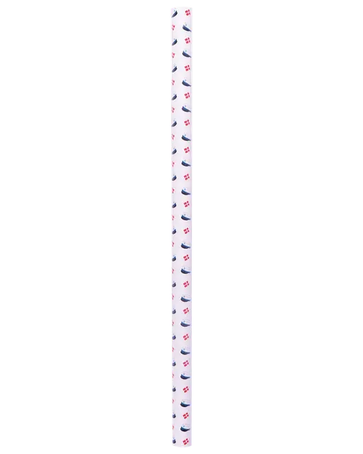 Hvidt gavepapir med gentaget mønster af blå sko og røde gaver. Perfekt til fødselsdage eller festlige lejligheder. Blank overflade, standard størrelse.