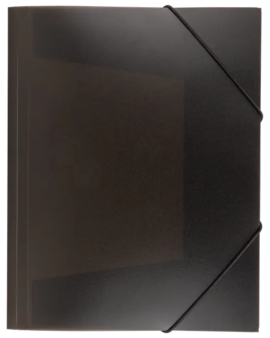 Svart dokumentmapp med elastisk stängning, matt yta, fyrkantig form och förstärkta hörn. Perfekt för säker organisering av papper och dokument.