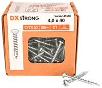 Låda med 100 DX Strong skruvar, storlek 4,0 x 40 mm, TX20-spår, silverfärgade, lämpliga för trä, synliga genom fönster i kartongförpackningen.