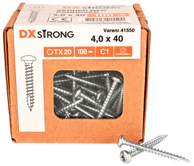 Låda med 100 DX Strong skruvar, storlek 4,0 x 40 mm, TX20-spår, silverfärgade, lämpliga för trä, synliga genom fönster i kartongförpackningen.
