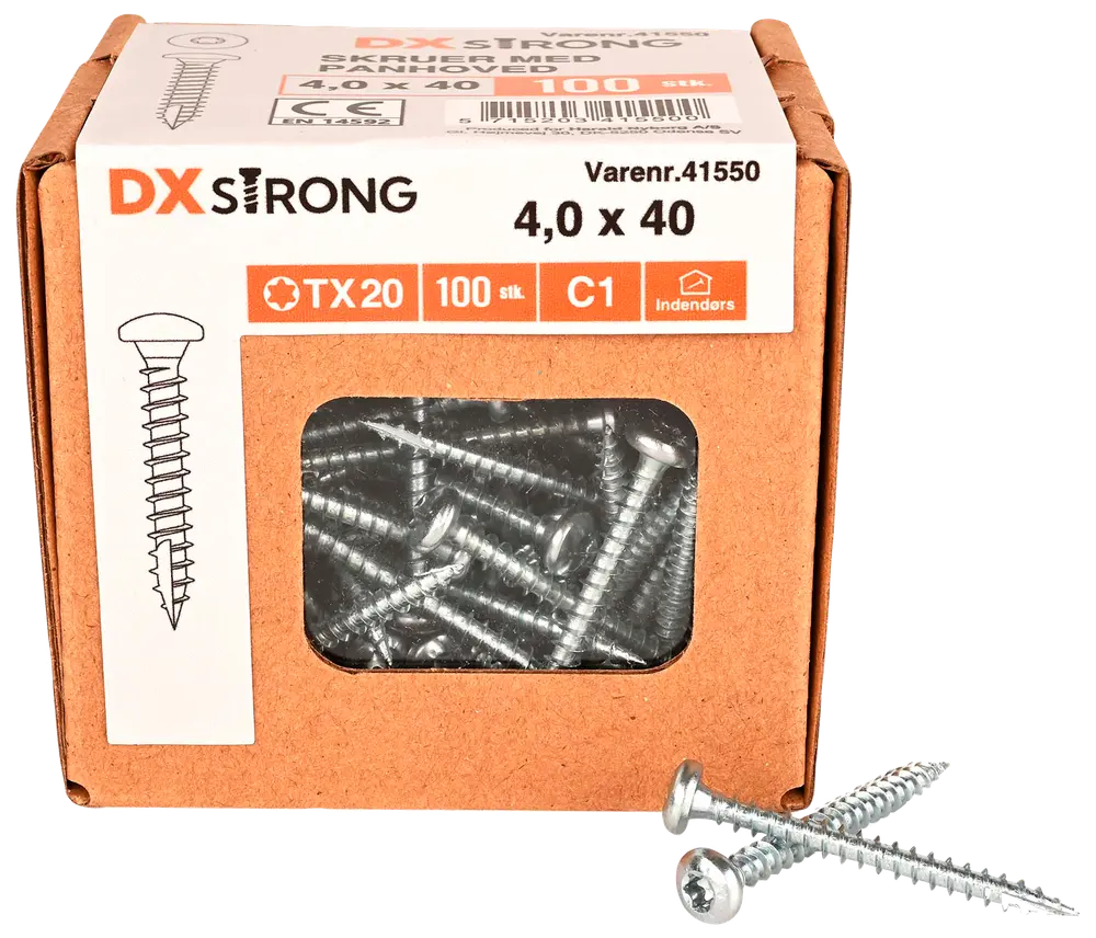 Låda med 100 DX Strong skruvar, storlek 4,0 x 40 mm, TX20-spår, silverfärgade, lämpliga för trä, synliga genom fönster i kartongförpackningen.