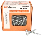 Låda med 100 DX Strong skruvar, storlek 4,0 x 40 mm, TX20-spår, silverfärgade, lämpliga för trä, synliga genom fönster i kartongförpackningen.
