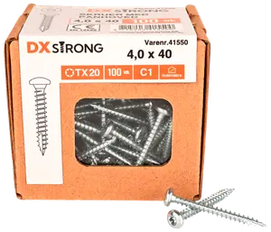 Låda med 100 DX Strong skruvar, storlek 4,0 x 40 mm, TX20-spår, silverfärgade, lämpliga för trä, synliga genom fönster i kartongförpackningen.