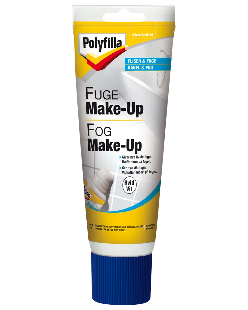Polyfilla Fuge Make-Up tube, hvid fugerenovering til fliser, nem at påføre, opfrisker og gør fuger hvide, 100 ml tube med blåt skruelåg.