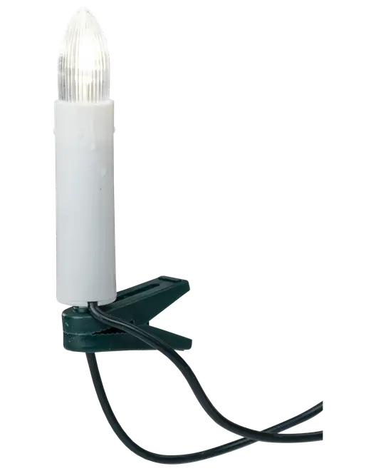 Elektrisk lys med hvidt plastkrop, klar flammeformet pære, grøn klipsfod og sort ledning. Velegnet til dekoration, f.eks. juletræer eller festlige arrangementer.