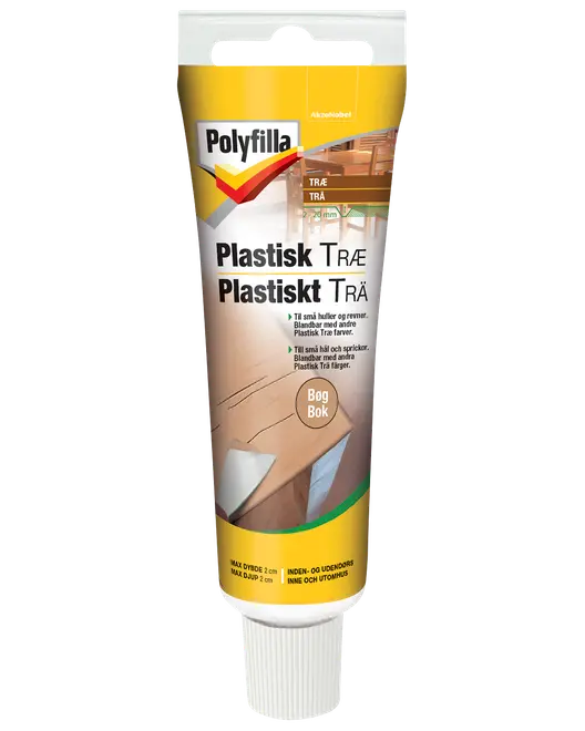 Polyfilla Plastisk Træ spartelmasse i tube, til udfyldning af små huller og revner i træ, til indendørs og udendørs brug, farve: bøg, maks dybde 2 cm.