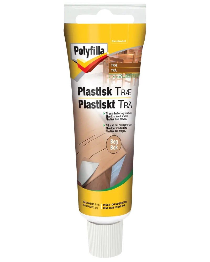 Polyfilla Plastisk Træ spartelmasse i tube, til udfyldning af små huller og revner i træ, til indendørs og udendørs brug, farve: bøg, maks dybde 2 cm.