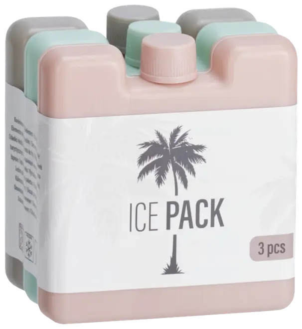 Sæt med tre genanvendelige rektangulære køleelementer i pastelfarver, hver med skruelåg, ideelle til at holde mad og drikke kolde i køletasker eller madkasser.