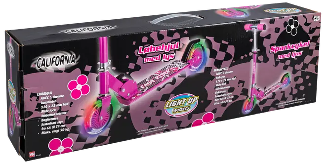 Lyserød løbehjul til børn med lysende hjul, justerbart styr, sammenklappeligt design og blomsterdekoration. Til børn fra 4 år, maks. vægt 50 kg. Leveres i farverig æske.