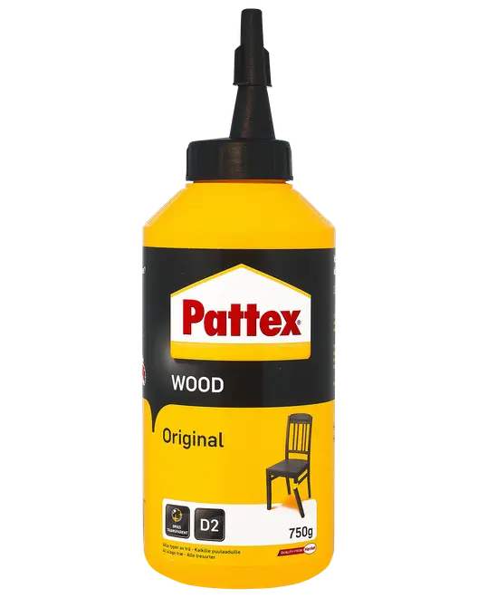 Pattex Wood Original trælim, 750g flaske med tud. Gul og sort emballage, egnet til trælimning. D2 vandmodstand, et stol-ikon på etiketten.