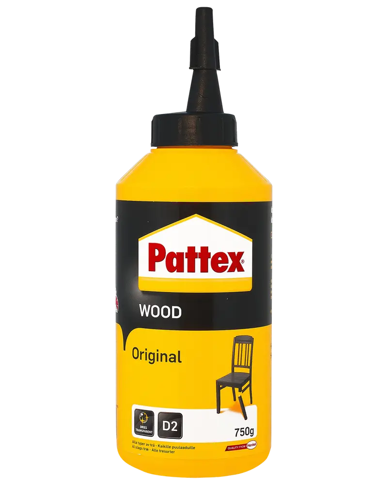 Pattex Wood Original trælim, 750g flaske med tud. Gul og sort emballage, egnet til trælimning. D2 vandmodstand, et stol-ikon på etiketten.