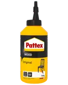 Pattex Wood Original trælim, 750g flaske med tud. Gul og sort emballage, egnet til trælimning. D2 vandmodstand, et stol-ikon på etiketten.