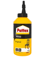Pattex Wood Original trælim, 75g flaske med spids applikator, egnet til alle trætyper. Sort og gul emballage med produktinformation og illustration af stol.