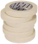 Stak af fem ruller beige malertape med papkerne og trykt indvendig label, velegnet til maling, hobby og alsidig brug.