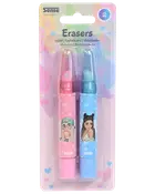 Sæt med to penformede viskelædere, én lyserød og én blå, hver med tegnet pige og hjerte-mønster, pakket i klar plastblisterpakning.