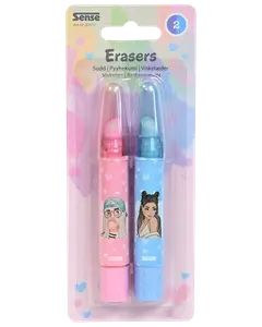 Två pennformade suddgummin, ett rosa och ett blått, med tecknade flickor och hjärtmönster, förpackade i genomskinlig blisterförpackning.
